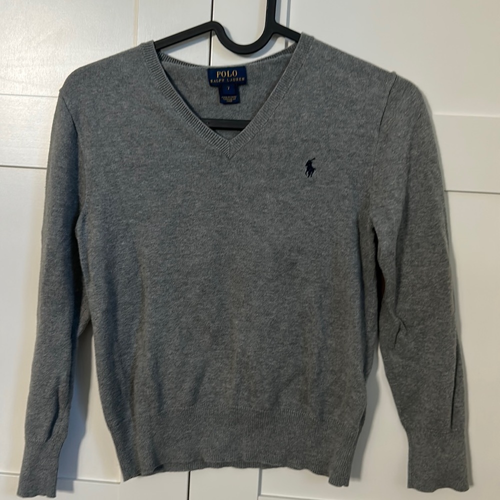 Grey ,Polo Ralph Lauren , v neck sweater for boys ,size 6-7 .